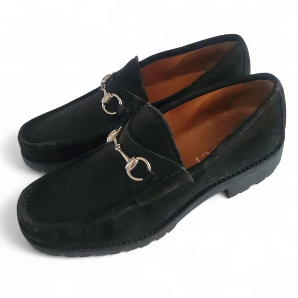 GUCCI 016343 Sylke Black Suede Horsebit Chunky Lug Sole Slip-On Loafers Men's 8½ - Picture 3 of 14